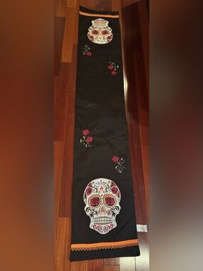 Decorative Black Table Runner with Sugar Skull Design